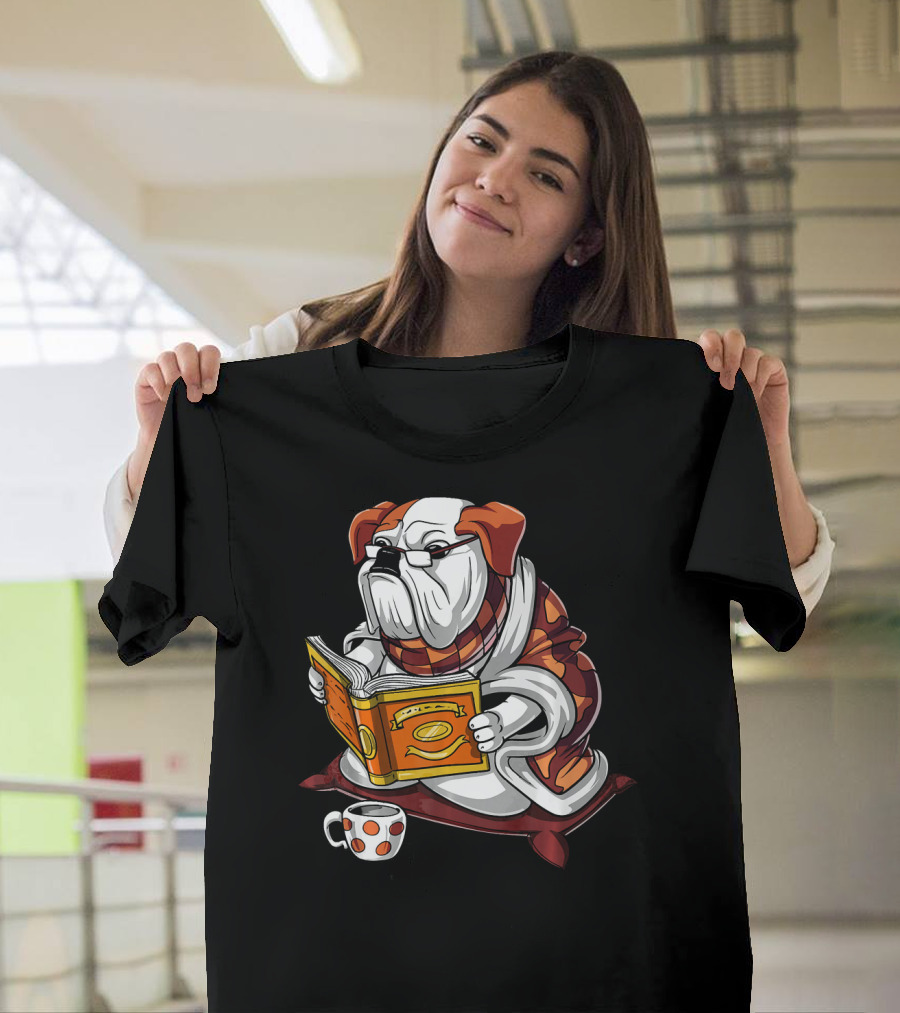 English Bulldog with Glasses Reading Orange Book and Polka Dot Mug T-Shirt