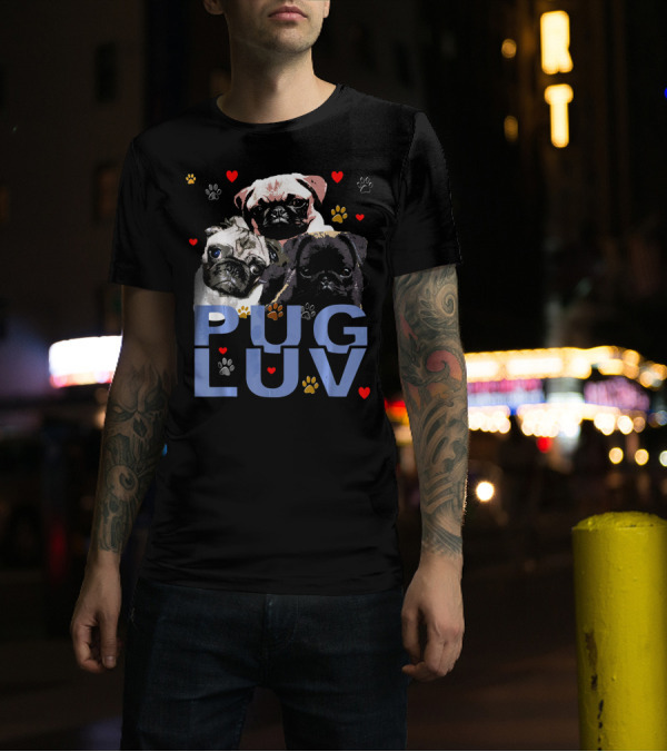 CUTE FUNNY PUG DOG PUPPY PUG LUV HEARTS AND PAW PRINTS T-Shirt