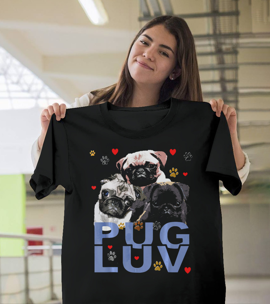 CUTE FUNNY PUG DOG PUPPY PUG LUV HEARTS AND PAW PRINTS T-Shirt