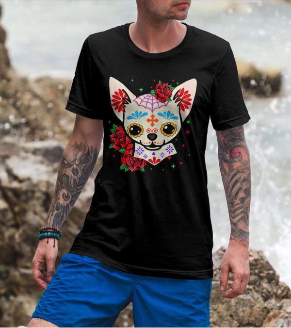 Chihuahua Sugar Skull Day Of The Dead Roses T-Shirt