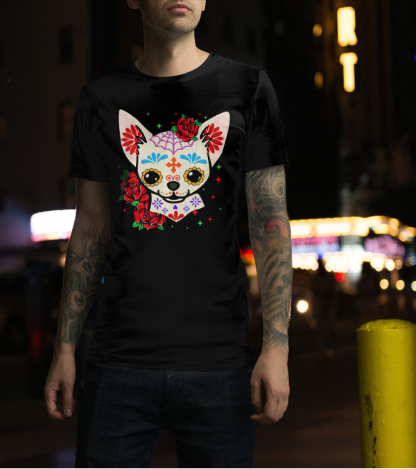 Chihuahua Sugar Skull Day Of The Dead Roses T-Shirt