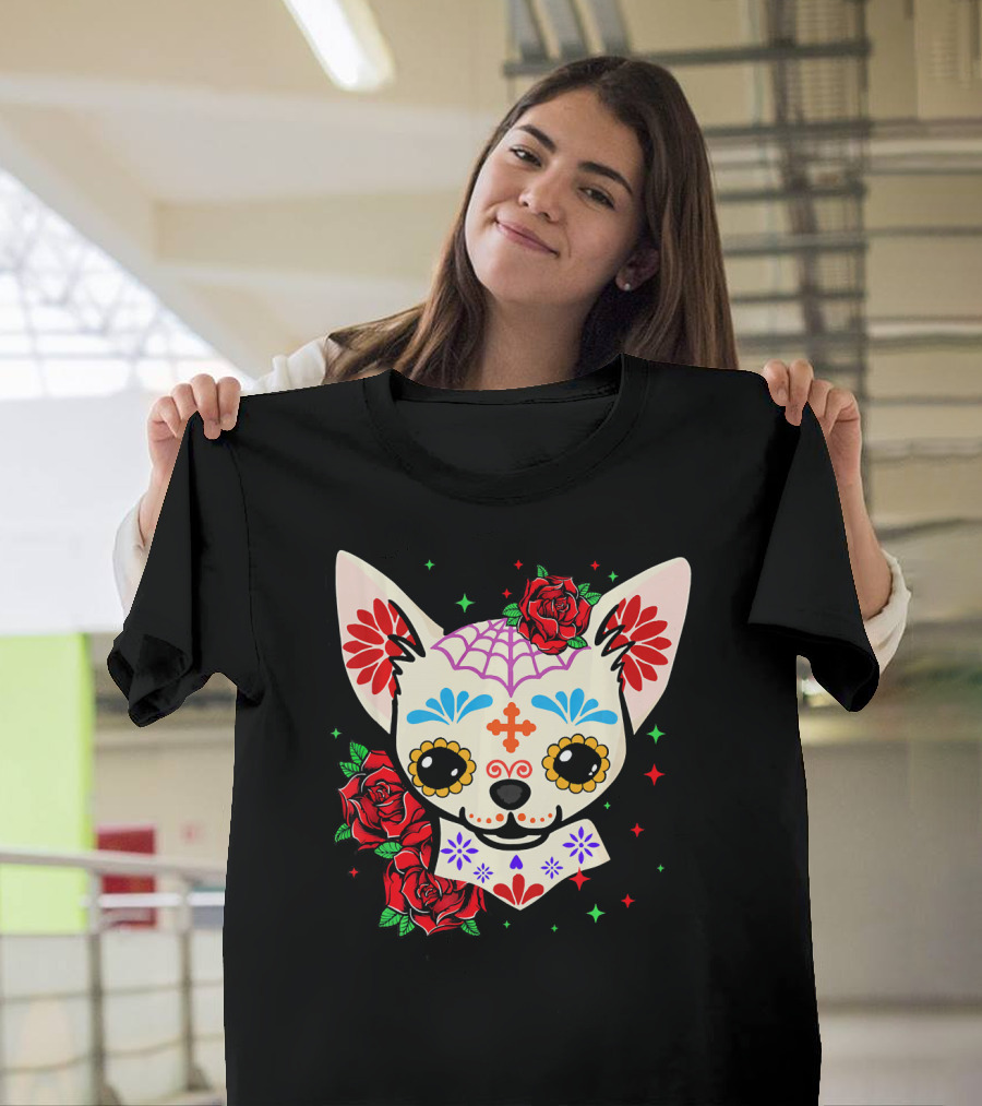 Chihuahua Sugar Skull Day of the Dead Roses T-Shirt