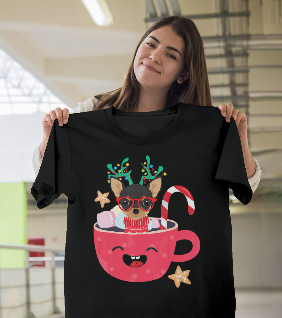 Chihuahua in Red Teacup with Reindeer Antlers and Candy Cane Holiday T-Shirt