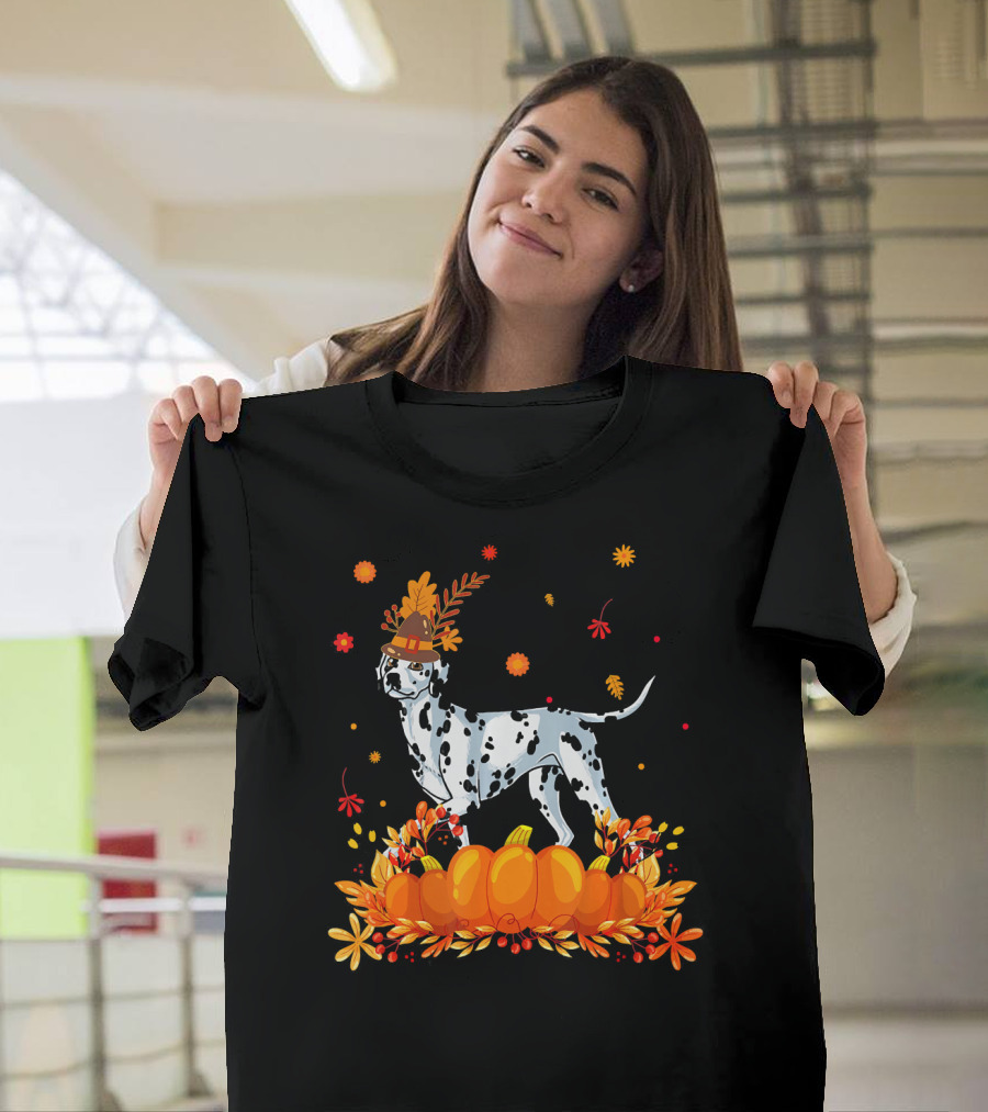 Cute Dalmatian in Autumn Hat with Pumpkins and Leaves T-Shirt