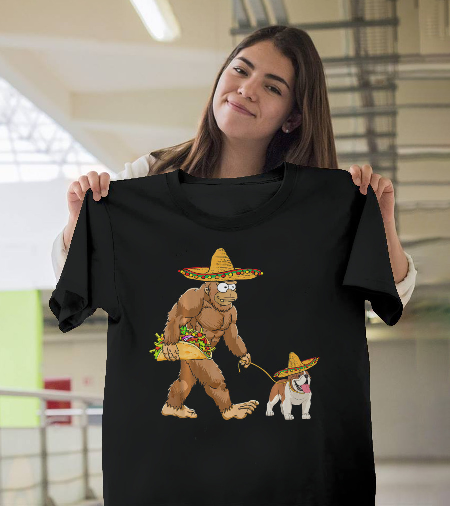 Bigfoot Holding Taco Wearing Sombrero with English Bulldog T-Shirt