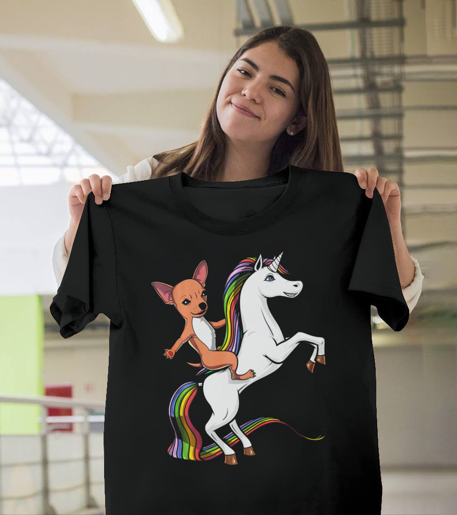 Chihuahua Riding a Rainbow Unicorn with Pride and Joy T-Shirt