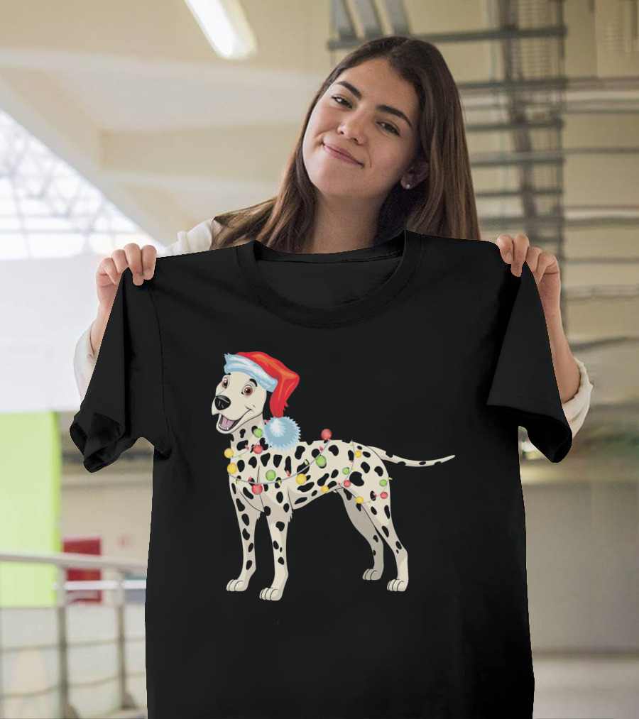 Santa Hat Dalmatian Wrapped in Christmas Lights T-Shirt