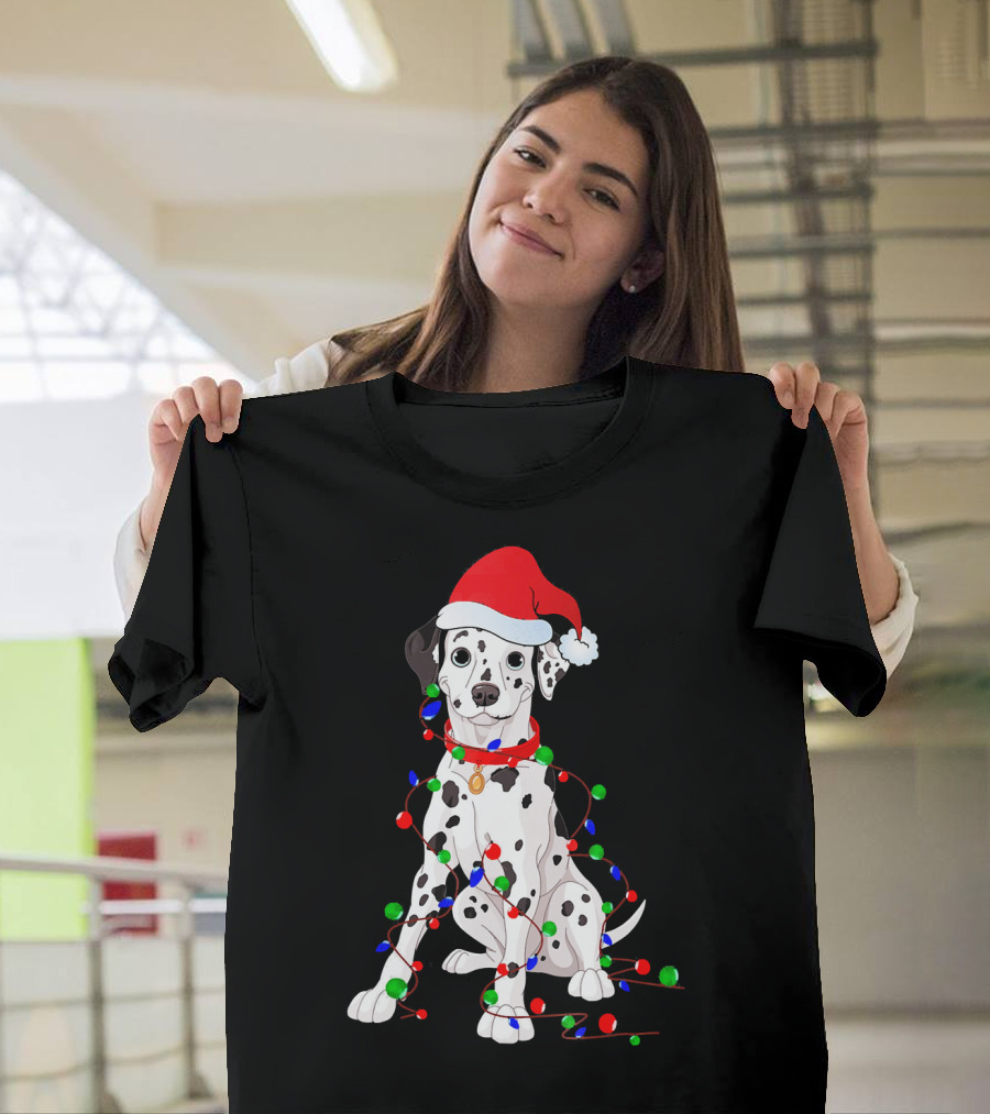 Dalmatian Puppy Wrapped in Colorful Christmas Lights Wearing Santa Hat T-Shirt
