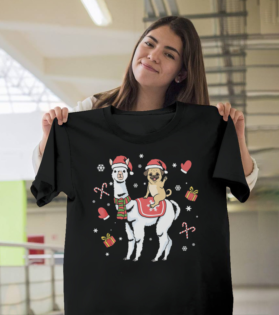 Christmas Pug Llama Dog Santa Hat Candy Canes Snowflakes Gifts T-Shirt