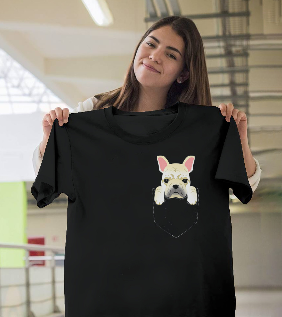 Cream French Bulldog in Black Pocket T-Shirt