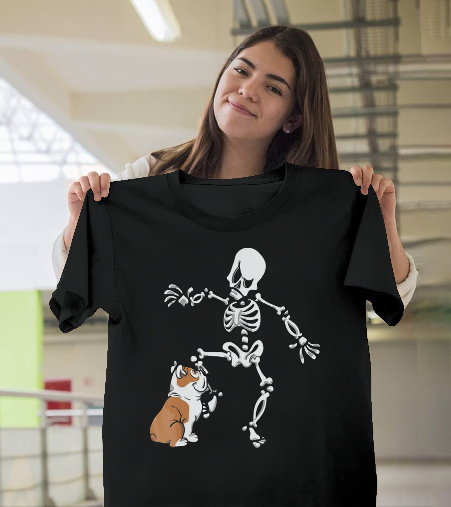 English Bulldog Biting Skeleton Leg T-Shirt