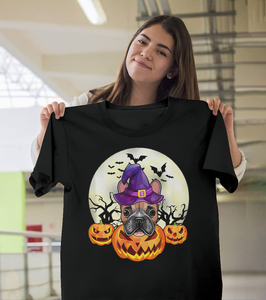 Funny Halloween French Bulldog with Witch Hat and Pumpkins T-Shirt