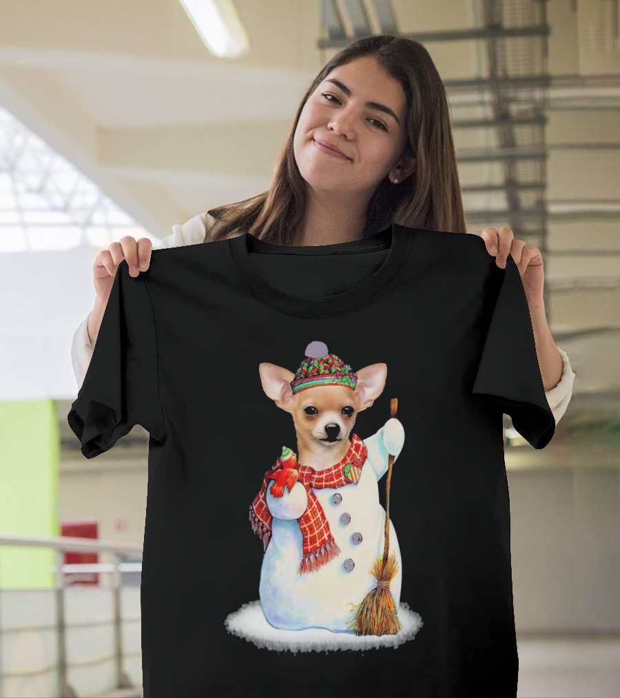 Chihuahua Snowman with Red Scarf and Broom T-Shirt