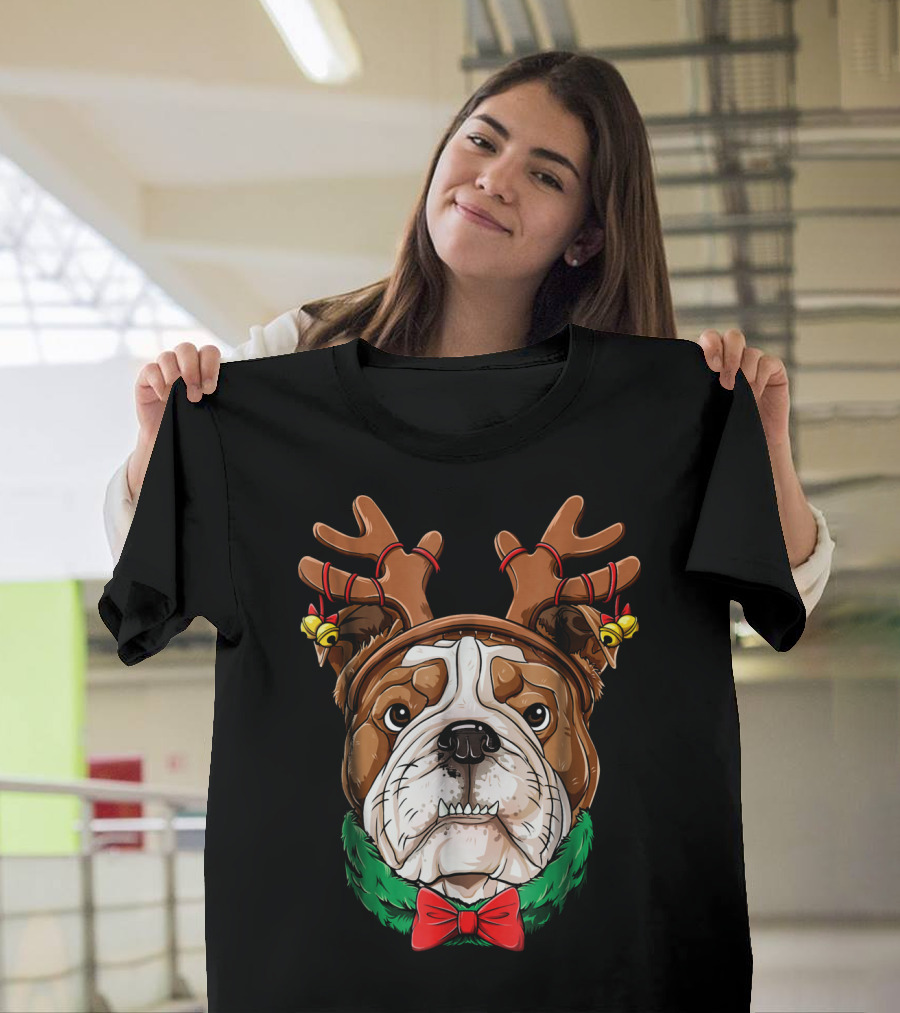 English Bulldog with Christmas Reindeer Antlers and Bow Tie T-Shirt