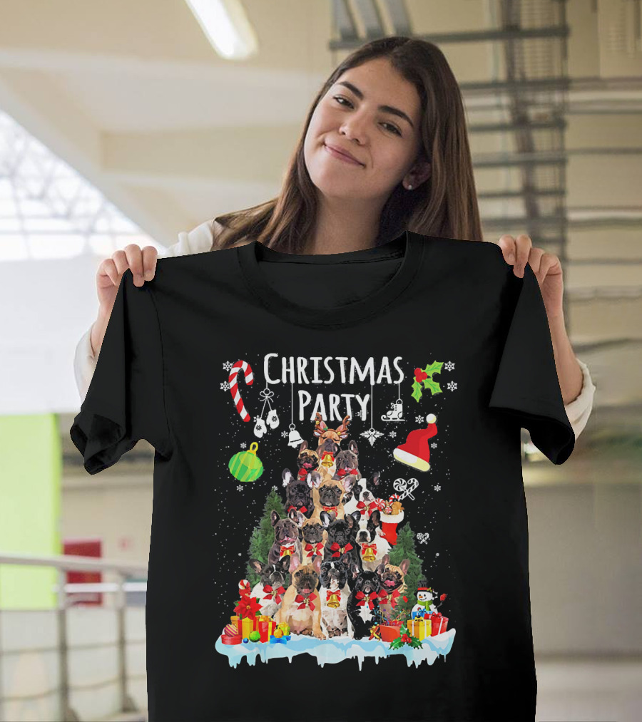Christmas Party French Bulldog Holiday Celebration with Gifts and Snowman T-Shirt