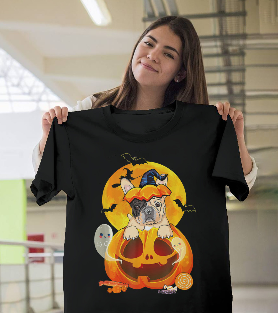 French Bulldog in Witch Pumpkin with Ghosts and Bats Halloween Scene T-Shirt