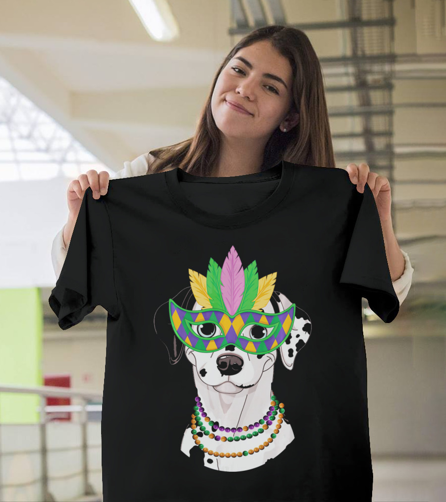 Funny Dalmatian with Mardi Gras Beads and Colorful Feathered Mask T-Shirt