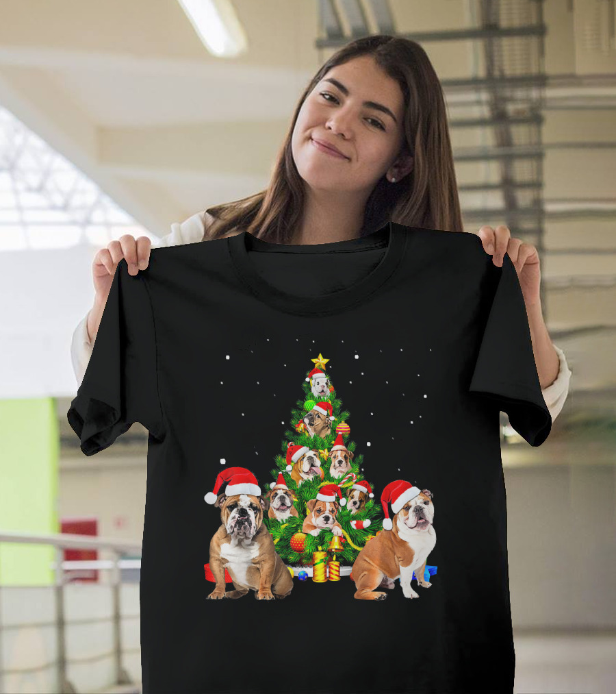 English Bulldog Christmas Tree Santa Hats Holiday Ornaments T-Shirt