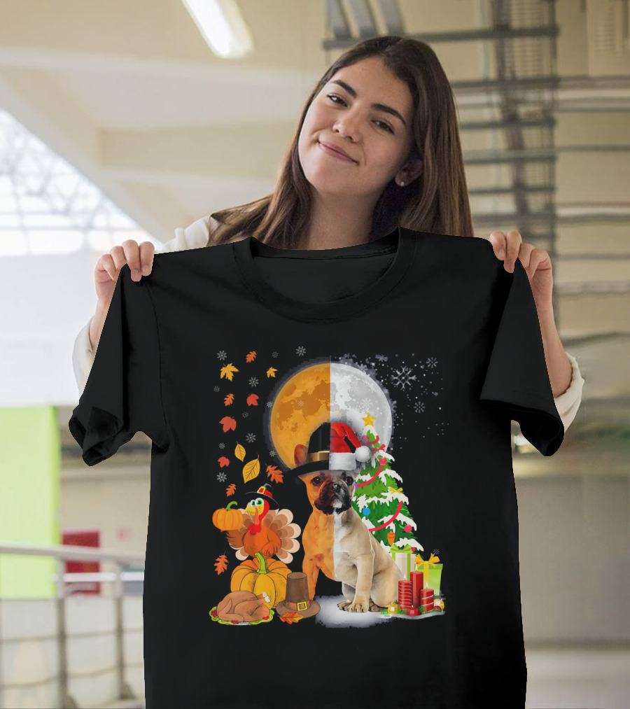 French Bulldog Thanksgiving Christmas Turkey and Santa Hat T-Shirt