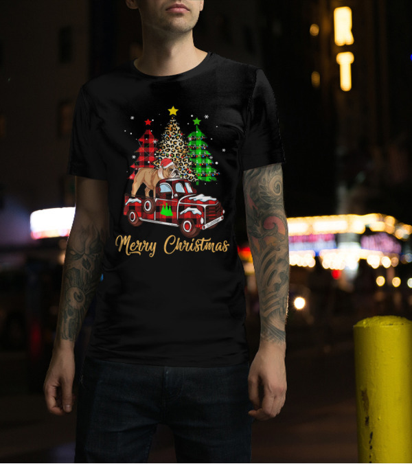 Merry Christmas Funny English Bulldog Red Plaid Truck Snow Trees T-Shirt