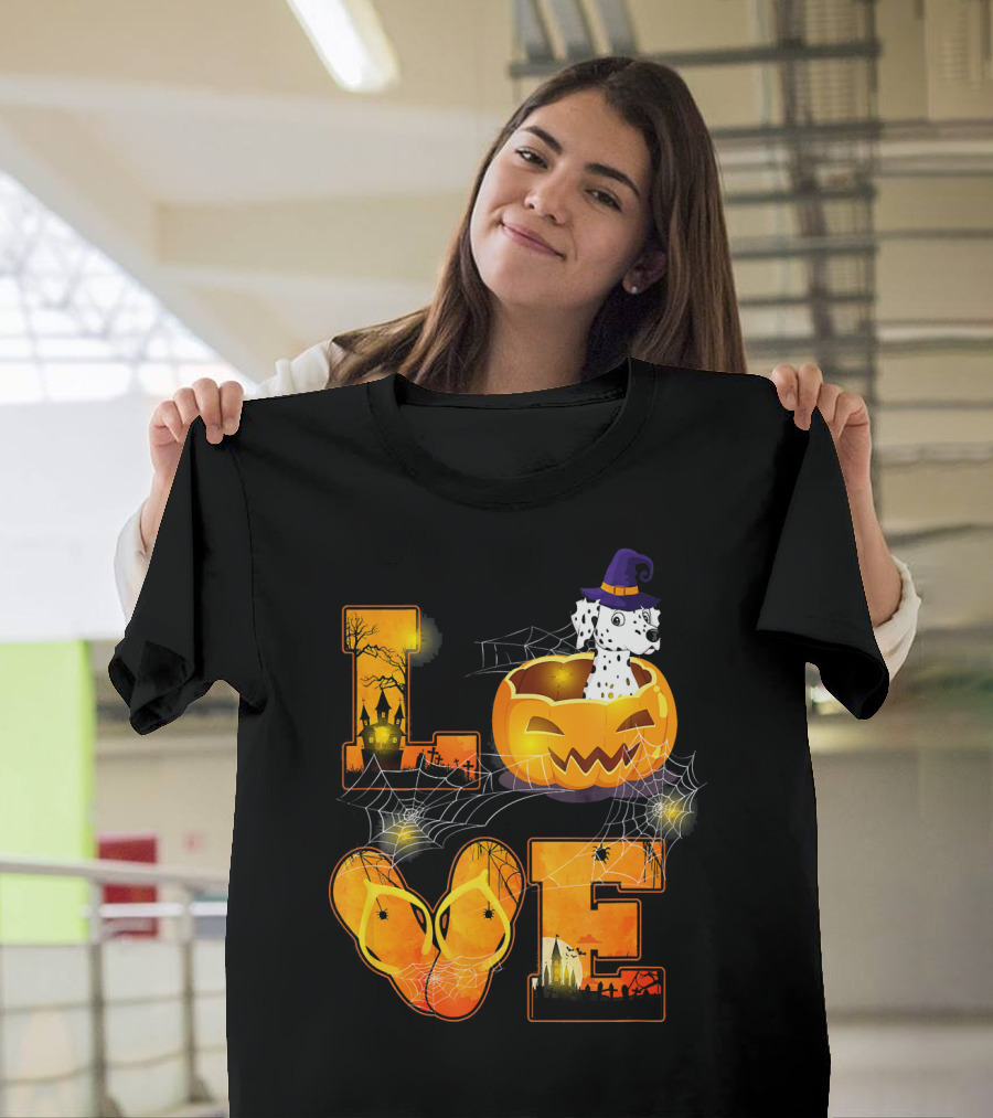 Funny Dalmatian Halloween Love Pumpkin Spider Webs T-Shirt