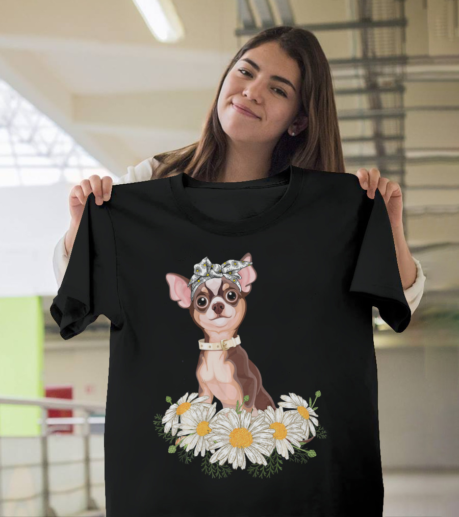 Chihuahua Puppy with Bow and Daisies for Dog Lovers T-Shirt