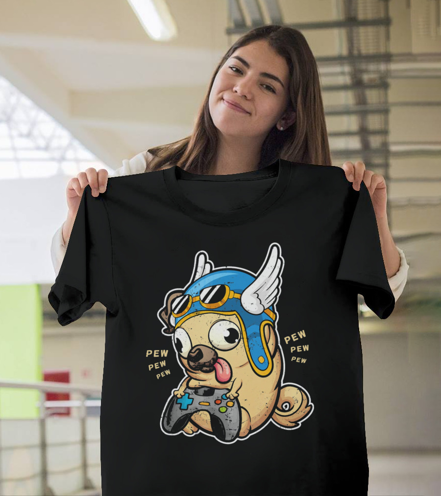 Pug Gamer with Blue Winged Helmet and Controller Saying Pew Pew T-Shirt