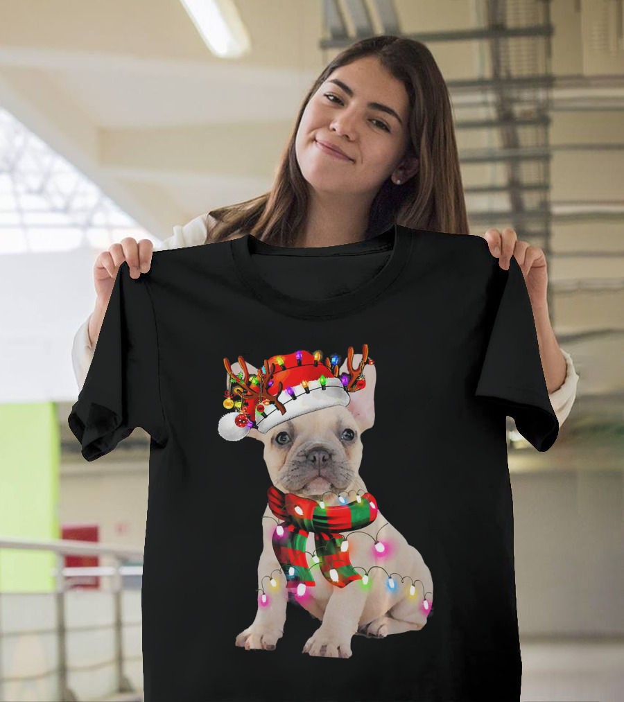 French Bulldog with Christmas Reindeer Hat and Festive Lights Scarf T-Shirt