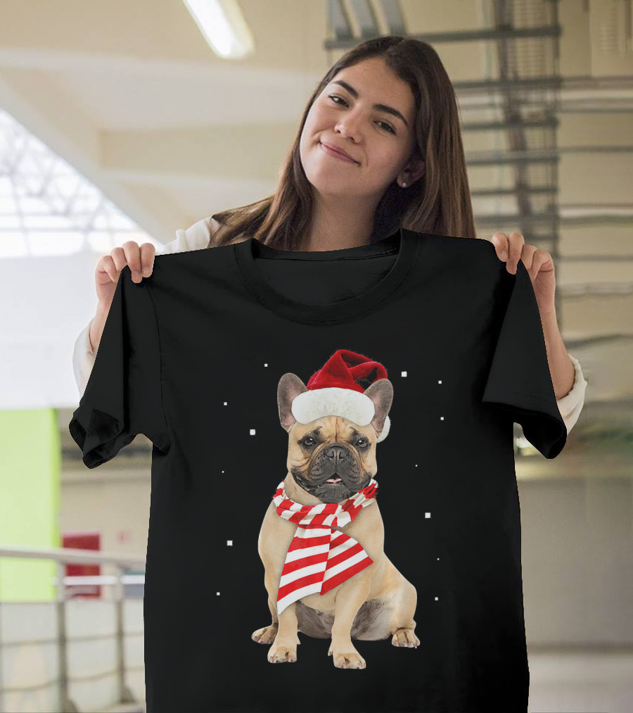 Santa French Bulldog with Stripe Scarf T-Shirt