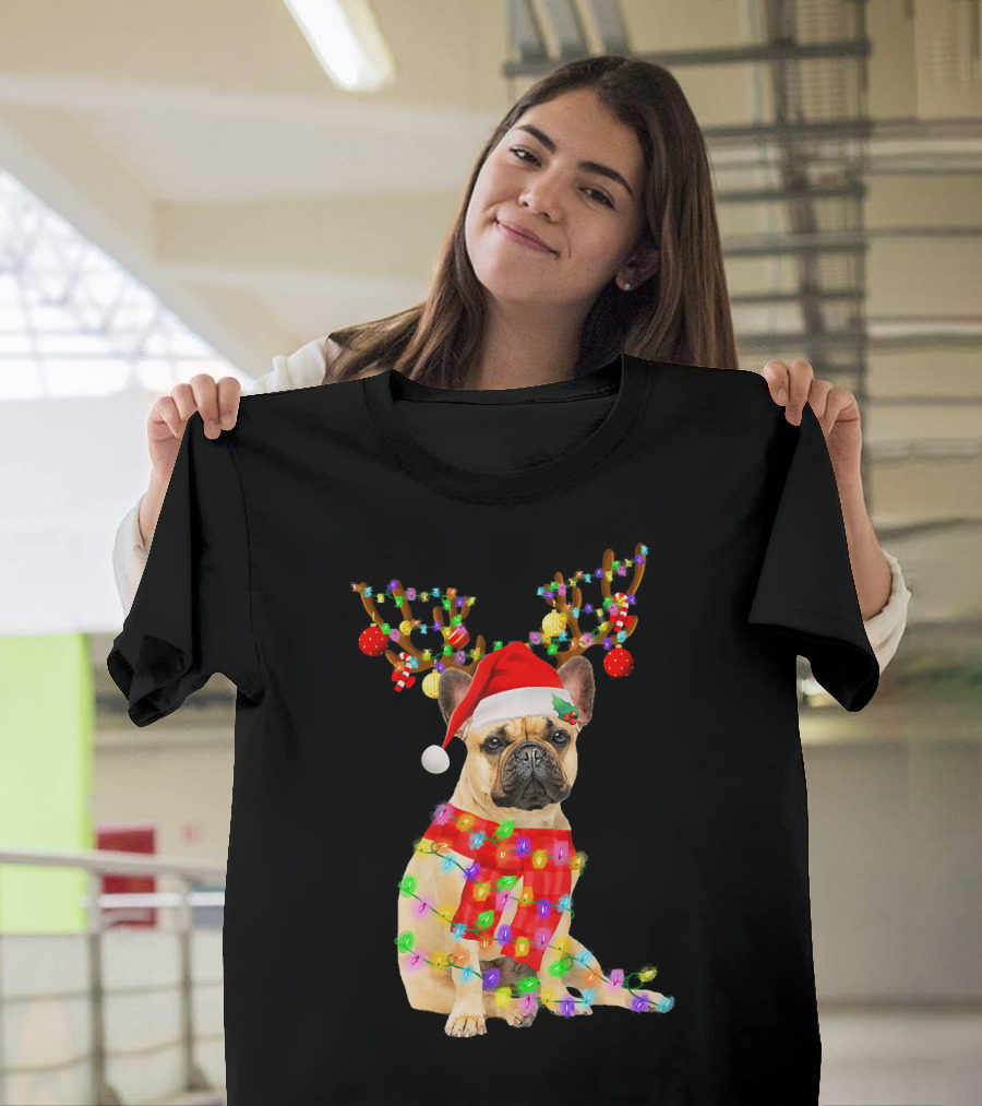 Christmas French Bulldog with Reindeer Antlers and Santa Hat T-Shirt
