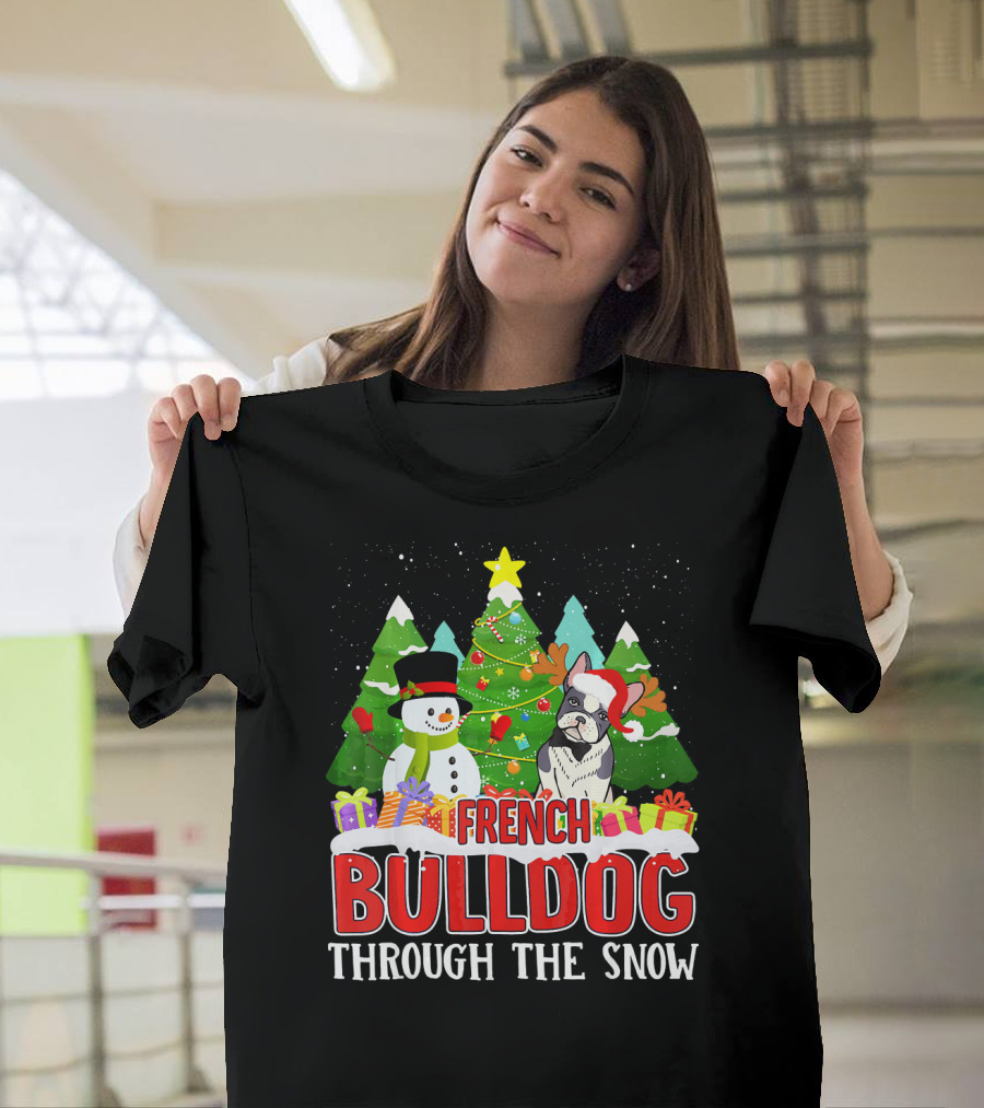 Fleas Navidad Xmas Christmas French Bulldog Through the Snow T-Shirt