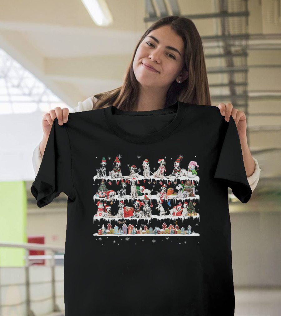Dalmatians Santa Snowflakes Christmas Town Festive Scene T-Shirt