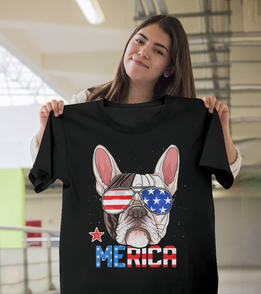 Merica French Bulldog American Flag Glasses 4th of July T-Shirt
