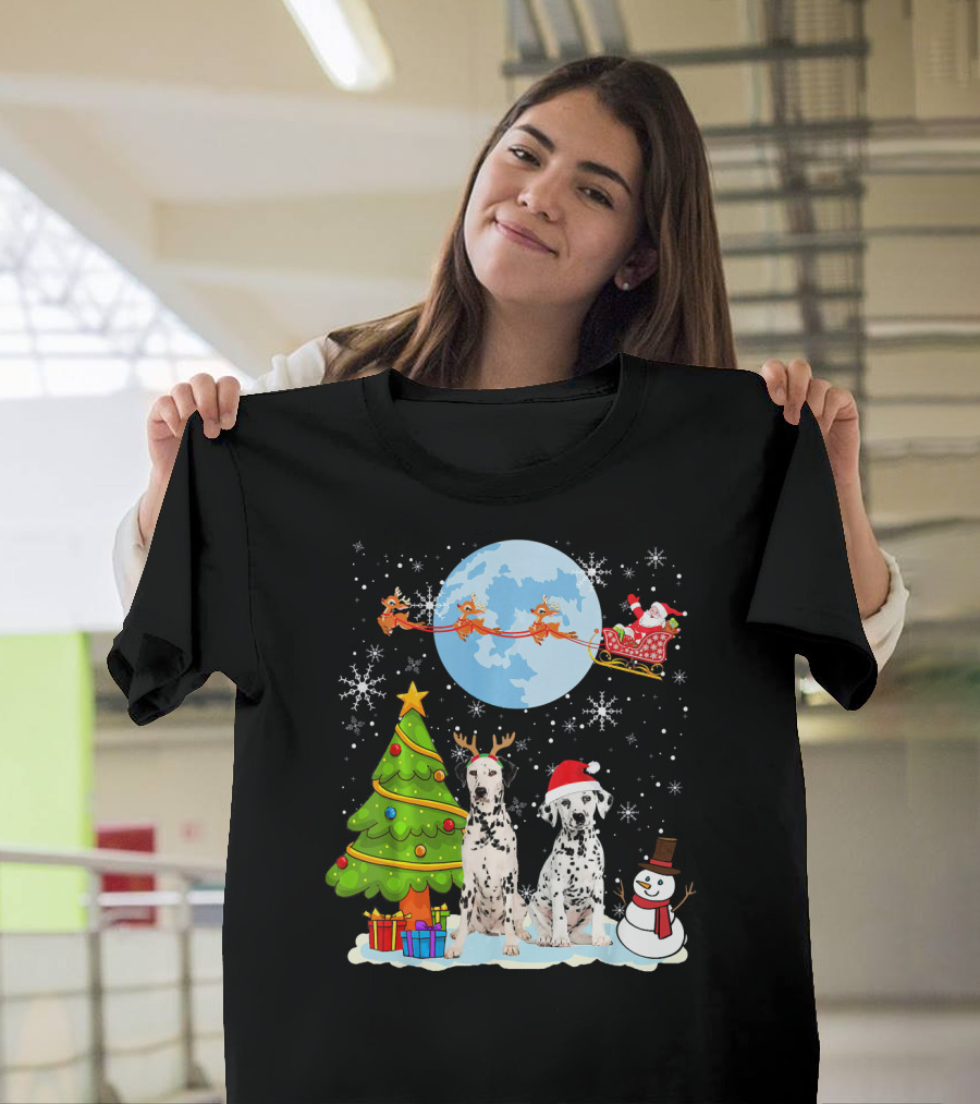 Christmas Dalmatian Moon Santa Tree Reindeer Snowman T-Shirt