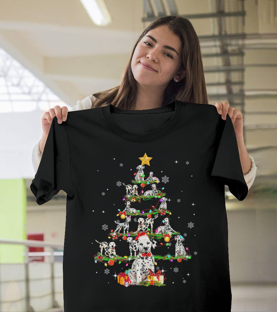 Funny Dalmatian Christmas Tree Santa Hat Dogs with Presents and Snowflakes T-Shirt