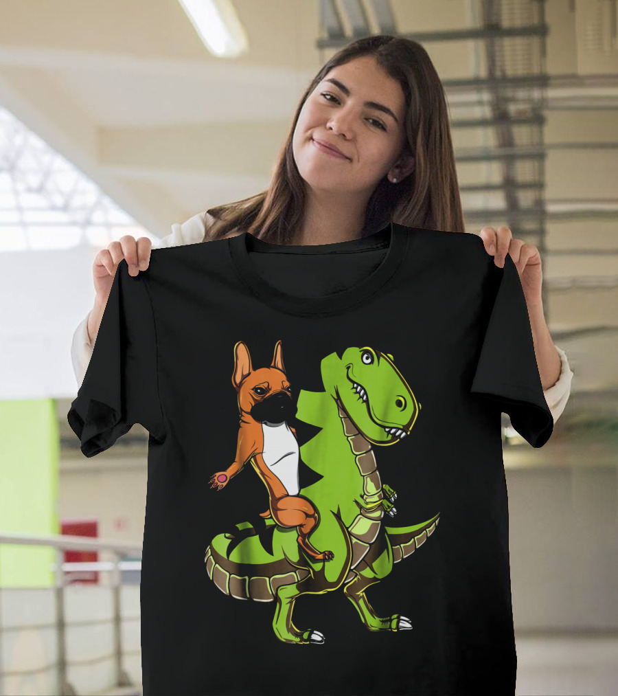 French Bulldog Sitting Confidently on Green Cartoon Rex Dinosaur T-Shirt