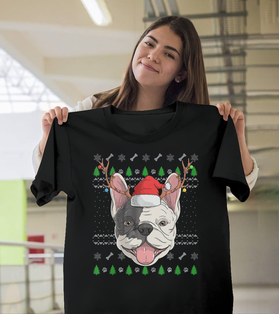 French Bulldog Santa Claus Christmas Reindeer Antlers Festive Holiday Paw Prints Snowflakes Trees T-Shirt
