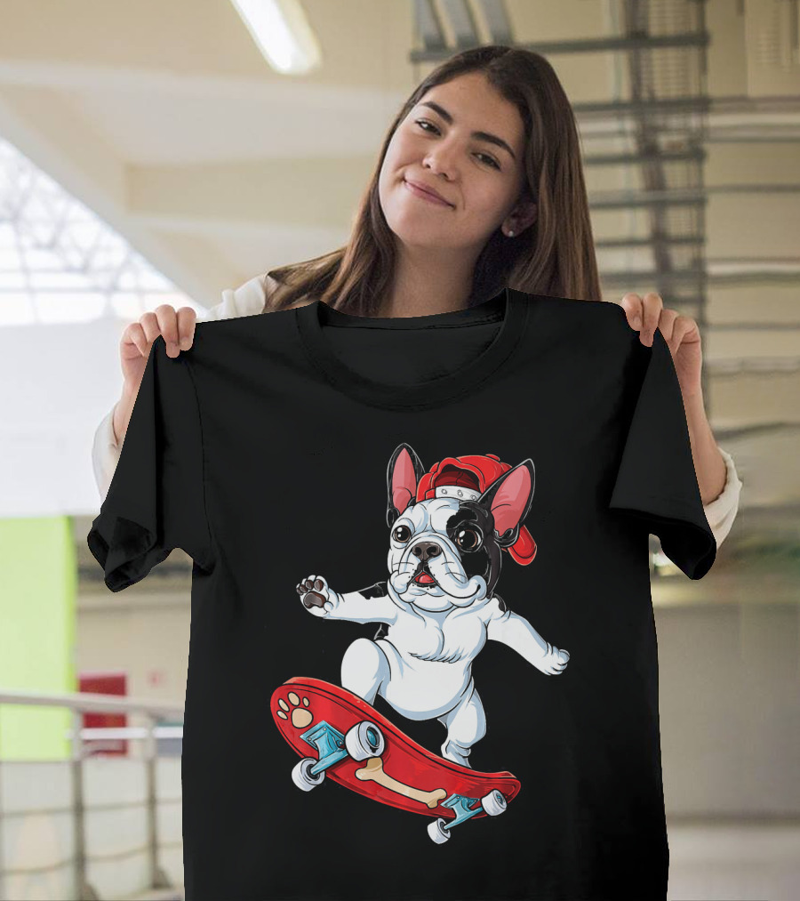French Bulldog Skater with Red Hat and Bone Skateboard T-Shirt