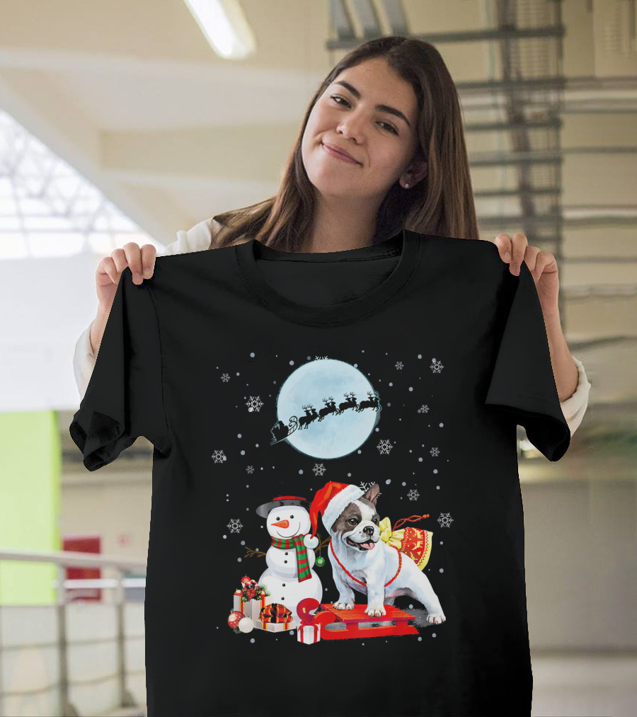 French Bulldog Santa Snowman Sleigh Presents Moon Snowflakes T-Shirt