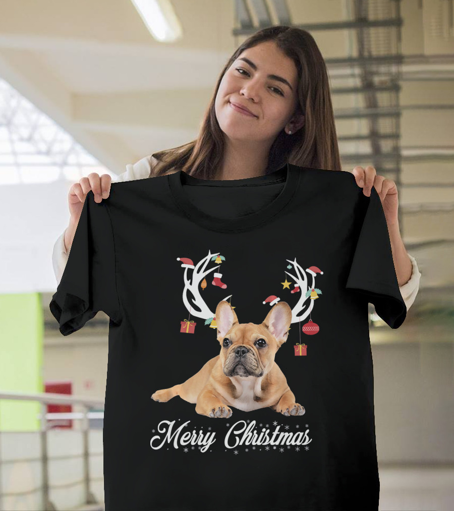 French Bulldog Merry Christmas Reindeer Antlers T-Shirt