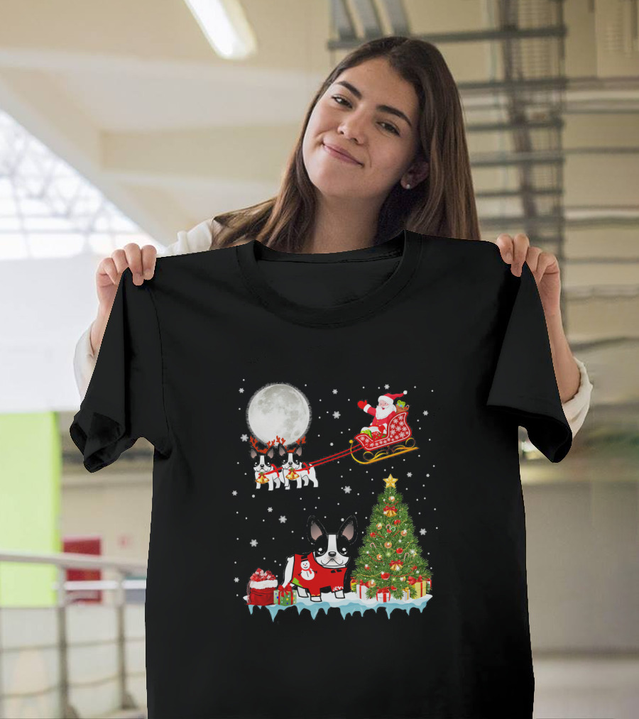 Santa Sleigh French Bulldog Reindeer Christmas Tree Holiday Fun T-Shirt
