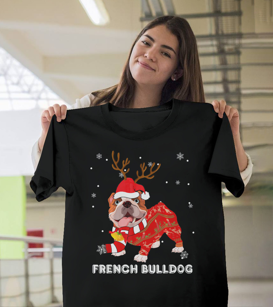 French Bulldog Santa Hat Reindeer Sweater Christmas Dog T-Shirt