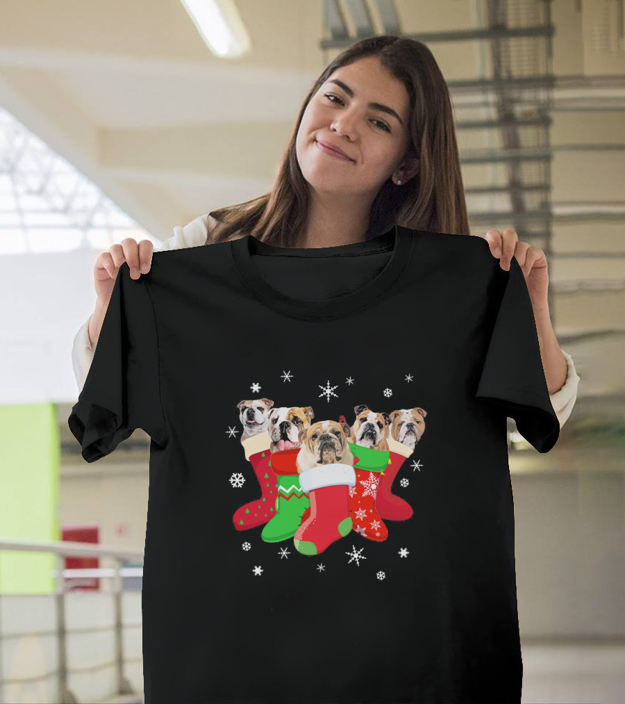 English Bulldog Christmas Stockings with Snowflakes and Festive T-Shirt