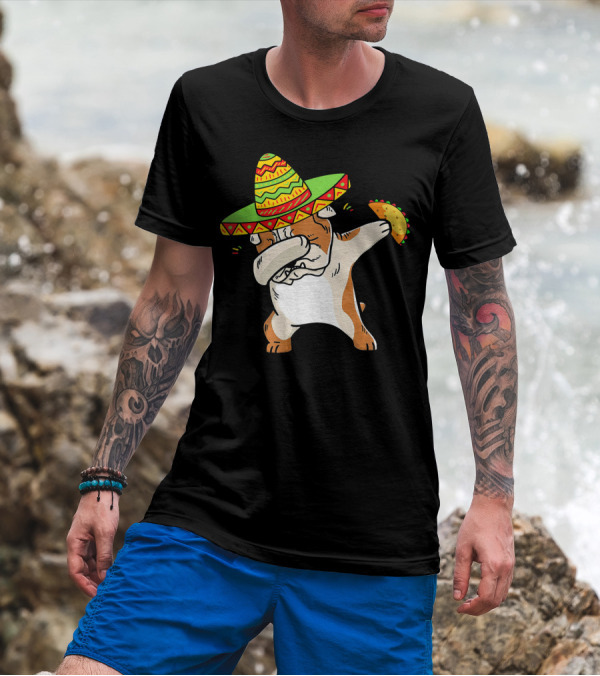 English Bulldog Dabbing With Taco And Sombrero For Cinco De Mayo T-Shirt
