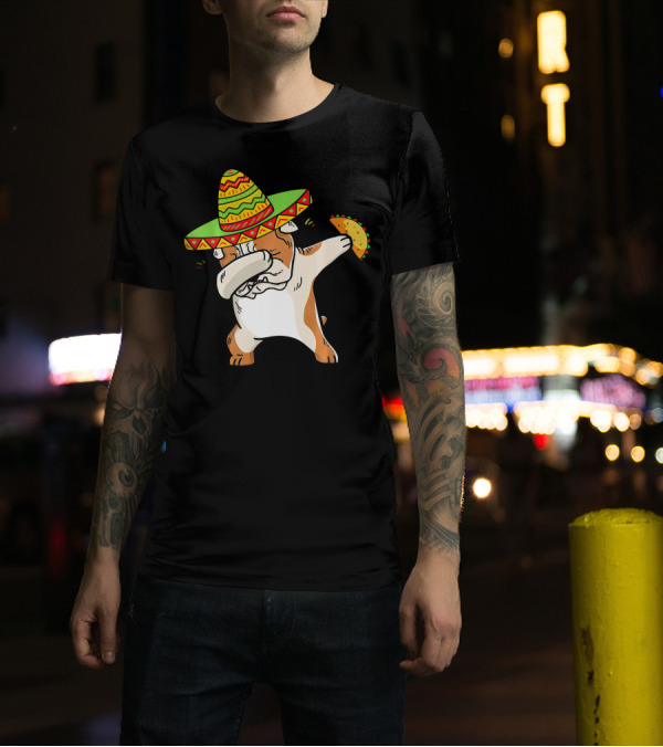 English Bulldog Dabbing With Taco And Sombrero For Cinco De Mayo T-Shirt