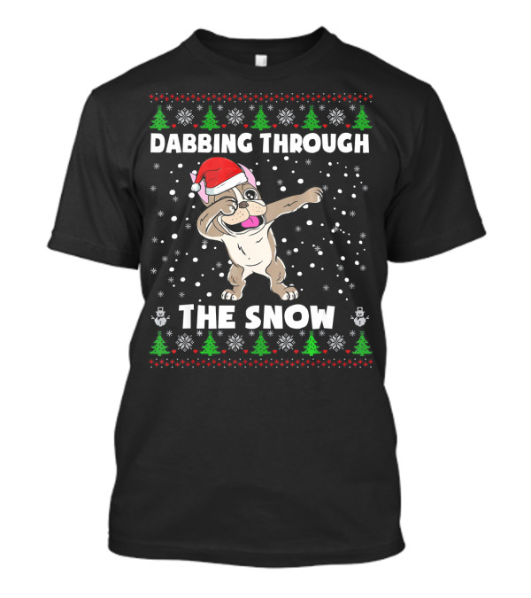 French Bulldog Santa Hat Dabbing Through Snowflakes And Christmas Trees T-Shirt