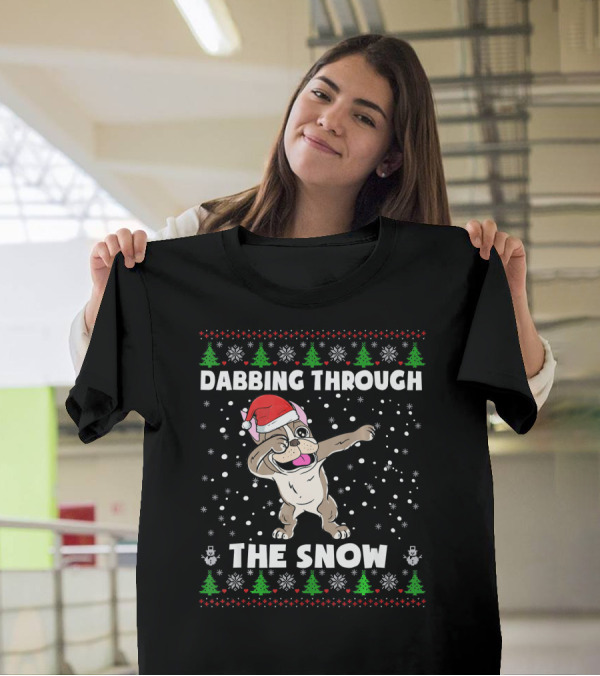 French Bulldog Santa Hat Dabbing Through Snowflakes And Christmas Trees T-Shirt