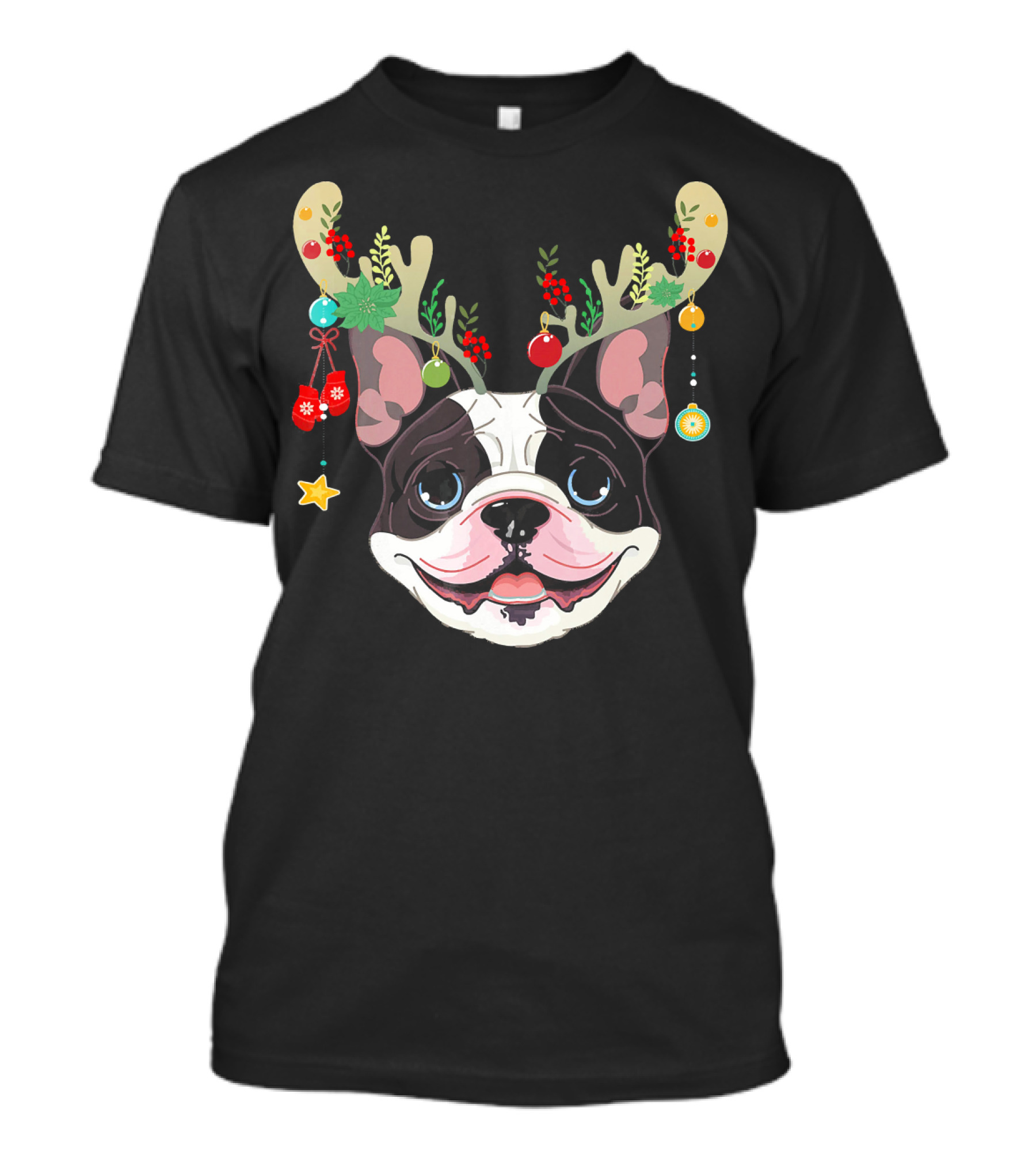 French Bulldog With Festive Holiday Antlers And Ornaments T-Shirt