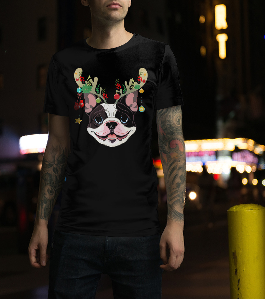 French Bulldog With Festive Holiday Antlers And Ornaments T-Shirt