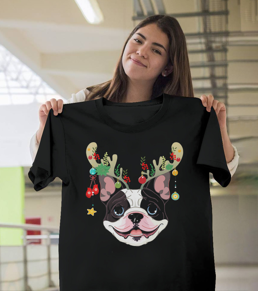 French Bulldog With Festive Holiday Antlers And Ornaments T-Shirt